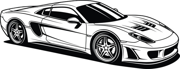 Illustration of a sleek sports car in black and white with modern design elements and shiny wheels