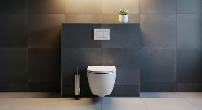 Contemporary wall mounted toilet with concealed cistern in stylish bathroom with dark tiles and modern interior design.