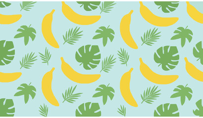 Obraz premium Tropical Banana and Palm Leaf Seamless Pattern Flat Cartoon Summer Vector Design