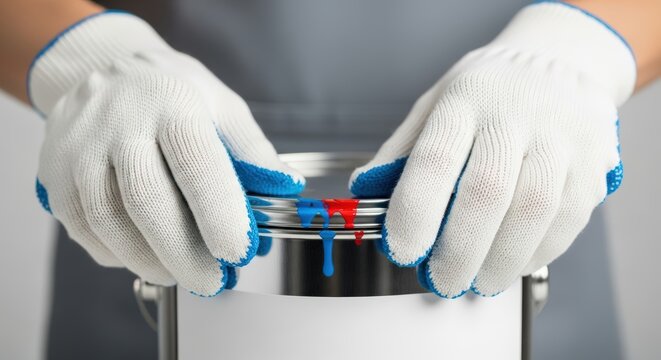 Hands in protective gloves holding metal paint can with blue and red paint drips closeup detail