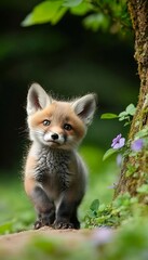 Fototapeta premium Charming Red Fox Cub, Vulpes Vulpes, Posing in Lush Woodland, Captivating Wildlife Portrait.