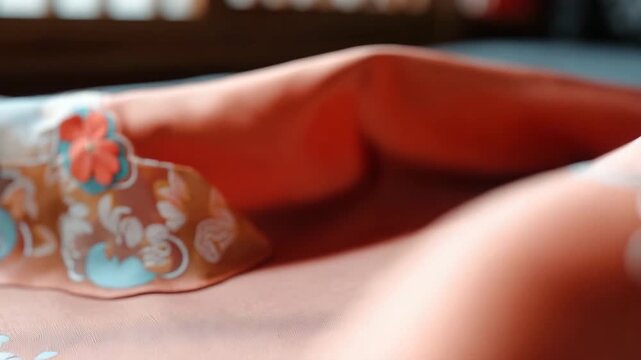 Colorful Korean hanbok fabrics are arranged on a table showing their designs and patterns. The setting highlights the cultural significance of these garments