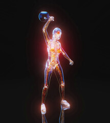 Conceptual 3D illustration of a woman training with a kettlebell