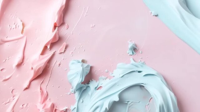 Close up view of pink and blue frosting textures showing smooth and swirled patterns on a light surface. Focus on how the colors blend and the texture stands out