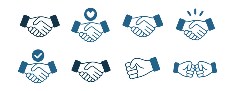 Business handshake and fist bump icons vector illustration, partnership agreement, teamwork, friendly greeting, collaboration symbols, transparent background, flat design.
