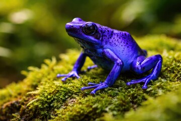 Obraz premium Vibrant purple frog sitting on moss in tropical rainforest environment
