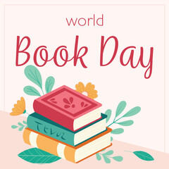 World Book Day vector poster featuring a stack of books with decorative flowers and leaves.