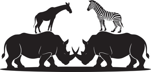 Rhinos and zebras fighting in silhouette on gray background, endangered species concept © Mokbul