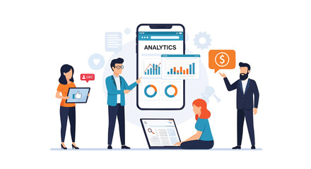 Vector illustration of four people analyzing data on devices