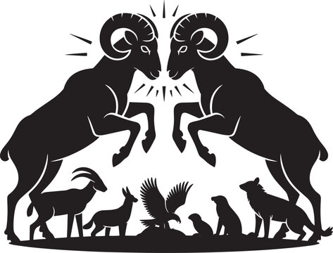 Ram fighting in silhouette, eagles, wolves, rabbits, goats, deer