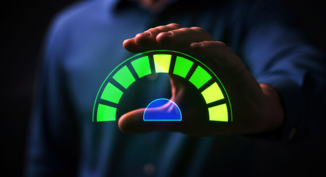 A person interacting with a digital gauge interface