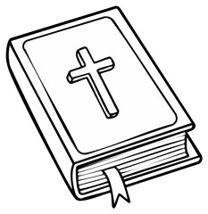 Obraz premium Illustrated book with religious cross on cover, bookmark. Spiritual symbol.