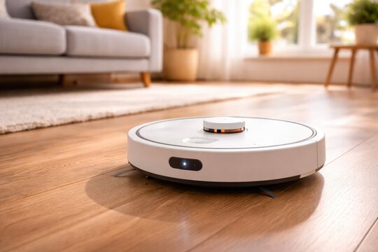 Smart robot vacuum cleaner cleaning wooden floor in modern living room