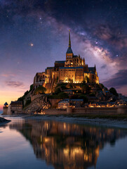 Mont saint-michel under milky way reflecting in water