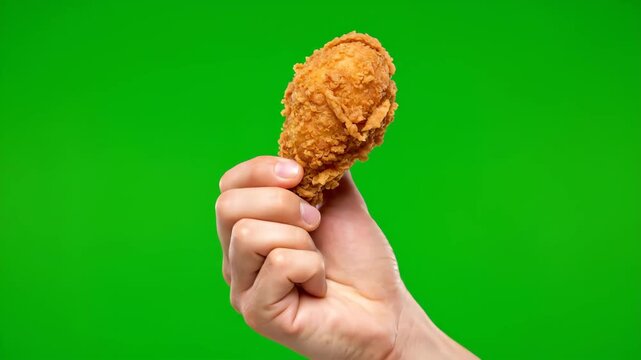 A person's hand expertly catches a delicious, crispy fried chicken drumstick against a vibrant green screen background. Perfect for food advertisements, cooking shows, or fast-food promotions.