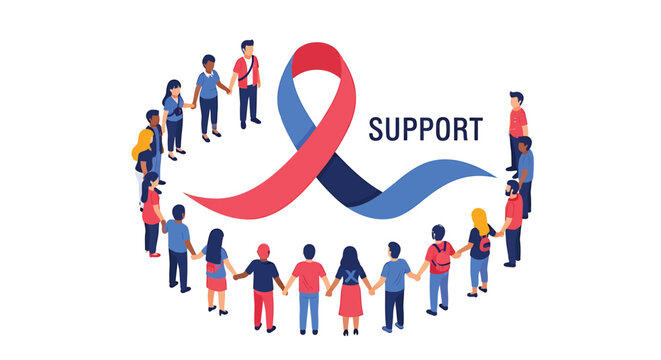 Vector illustration of people holding hands in a circle with support text