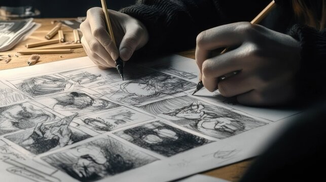 close-up of gloved hands sketching detailed storyboard comic panels with pencils and pens on a wooden table, focused creative concentration and careful craftsmanship