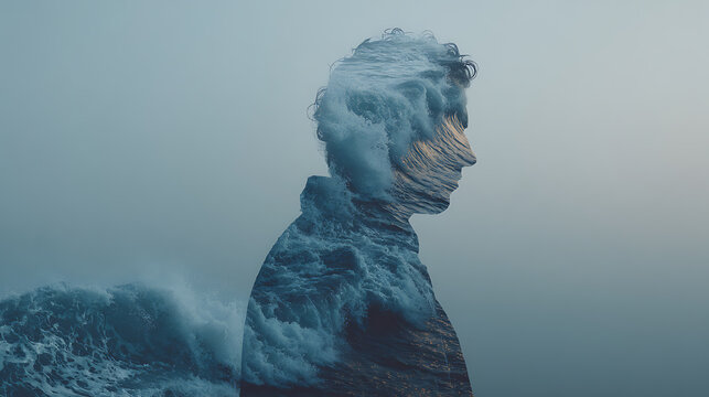 Conceptual double exposure portrait of a person blended with powerful ocean waves, symbolizing mental health struggles, emotional overwhelm, inner conflict, resilience and the journey toward psycholog