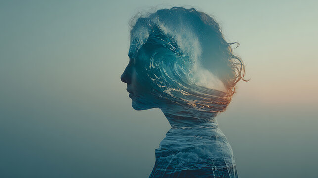 Abstract conceptual portrait with ocean waves inside human silhouette symbolizing mental health, emotions and inner thoughts. Artistic representation of mindfulness, psychological balance