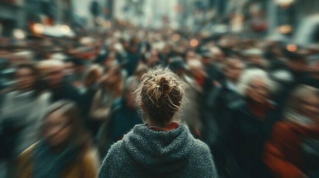 Person standing still in blurred crowded city street, conceptual image of mental health, anxiety, stress and social pressure, illustrating feeling overwhelmed, isolation and psychological wellbeing