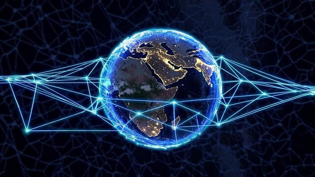 Futuristic Digital Connectivity. Glowing Earth With Network Lines. Neon Illuminated Globe Showing Data Flows. Advanced Digital Planet With Dynamic Connections And Vibrant City Illumination