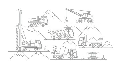 Naklejka premium Construction Fleet at Work: A collection of various construction vehicles is actively engaged in a construction site, ready to tackle the tasks.