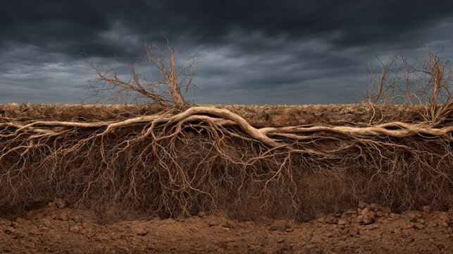 Intricate tree roots spread through moist soil beneath a dark, stormy sky