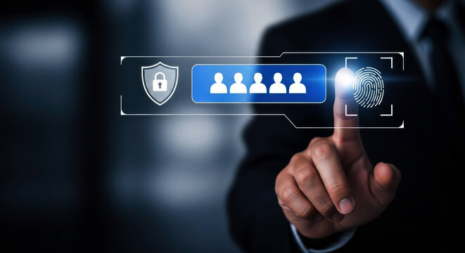 Businessman interacting with futuristic digital interface for user management