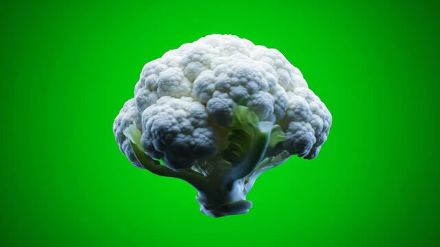 A pristine head of white cauliflower spins gracefully against a bright green backdrop, ideal for healthy eating campaigns and culinary projects.