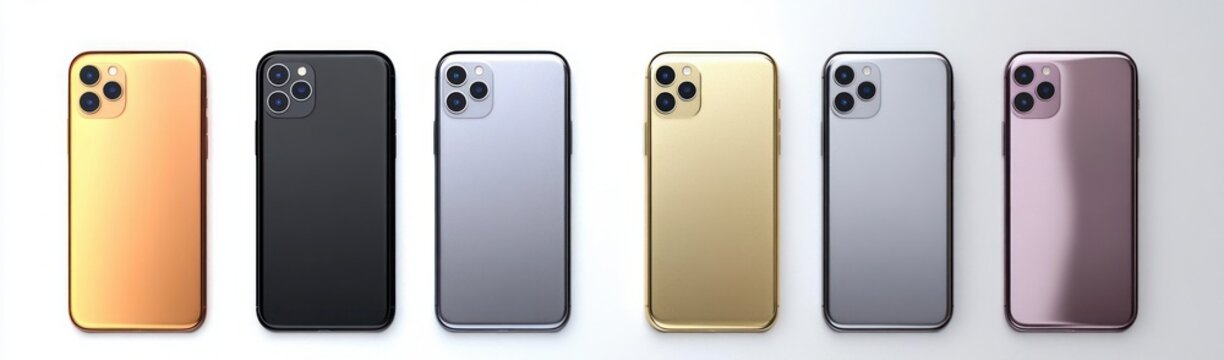 six modern metallic smartphones with triple rear cameras lined up on a white background, sleek minimalist premium presentation