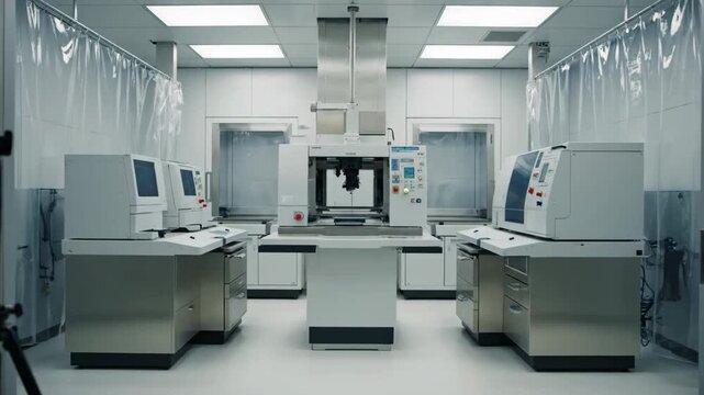 A pristine, state-of-the-art cleanroom laboratory equipped with advanced machinery and scientific instruments for cutting-edge research and development in a controlled environment.
