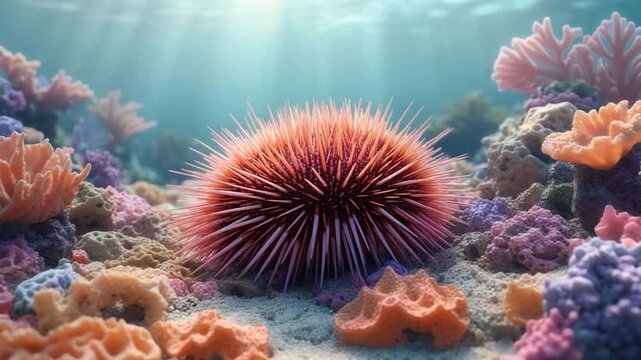 A vibrant underwater scene shows a sea urchin amidst colorful coral and sunlit ocean
