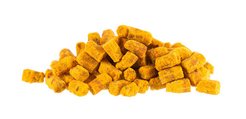 Bee bread isolated on white background. Pile of granules bee bread or perga. Clipping path.