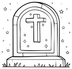 Christian cross tombstone with stars in simple line art style