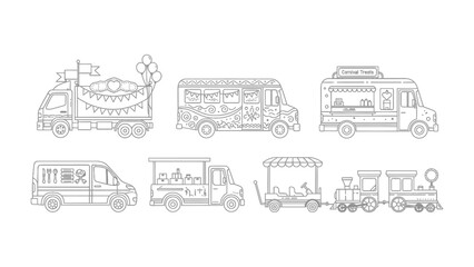 Naklejka premium Food Trucks & Trains: An illustrated collection of food trucks and a toy train, ideal for business designs, menus, and culinary concepts. 
