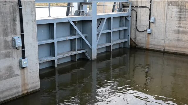 A robust metal sluice gate is actively managing water levels within a concrete channel, ensuring efficient flow.