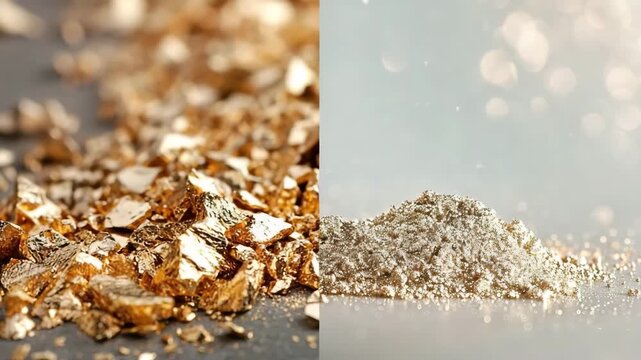 Shiny gold pieces laying on a surface while soft silver powder forms a small pile nearby. The focus is on the details of each material and their textures