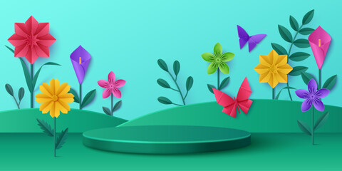 Naklejka premium 3D spring paper flower landscape with podium, vector background. Blooming origami meadow with green grass and butterflies, cheerful papercut stage for product display, summer cute garden presentation