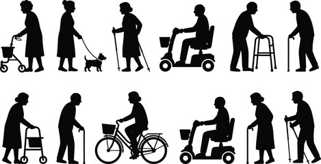 Senior people mobility silhouette collection showing elderly walking with cane, walker, wheelchair scooter and active aging lifestyle illustration