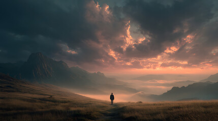 Obraz premium Person standing on mountain ridge above clouds at sunrise. Concept of freedom, self discovery, personal journey and reflection with dramatic landscape and inspiring natural scenery