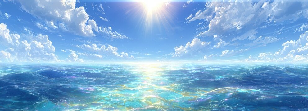 真夏の強い日差しが降り注ぐ抜けるような青空と、白い入道雲が広がる水平線の彼方まで続く澄み渡った海を描いた、非常に爽やかで圧倒的な開放感を感じさせるアニメーションスタイルの高品質なパノラマ背景イラスト素材です。