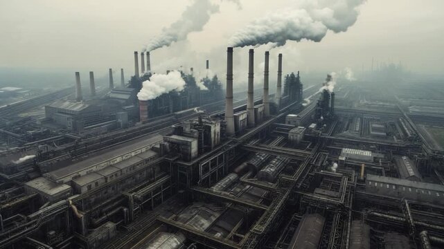 Aerial view of a large industrial complex billowing emissions into an overcast sky