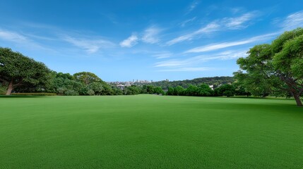 Obraz premium Expansive Green Field Under Clear Blue Sky with City Skyline in the Distance Surrounded by Lush Trees and Vibrant Nature