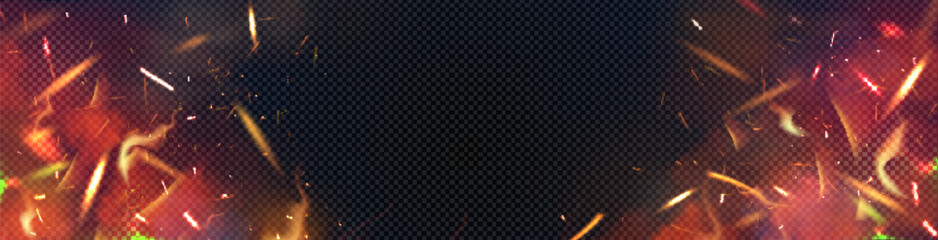 Realistic fire flames border with glowing sparks and smoke effect on transparent background. Vector illustration of fiery orange and red burning embers, dramatic heat overlay frame