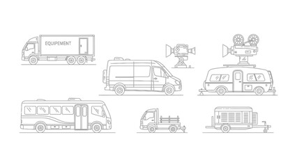 Naklejka premium Vehicular Variety: A collection of various vehicles, including a van, truck, bus, and trailer.