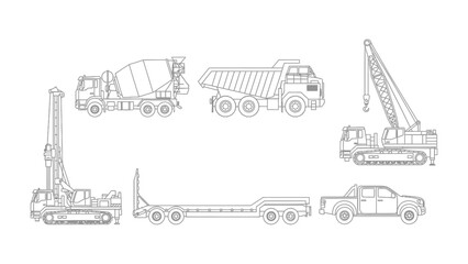 Construction Vehicles Collection: A meticulously crafted collection of construction vehicles, presented in a clean, minimalist style, suitable for architectural or industrial designs.