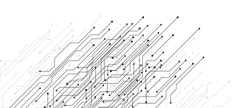 Circuit board pattern with electronic lines and nodes on white background. Vector abstract banner with modern technology connections, digital network design and futuristic tech elements