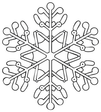 Snowflake illustration: Detailed six-sided ice crystal design, monochrome outline, winter season