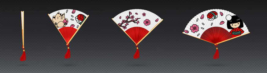 Japanese fan with traditional ornate paper design, realistic vector illustrations isolated on transparent. Asian handheld accessory with golden bamboo handle, oriental floral sakura pattern