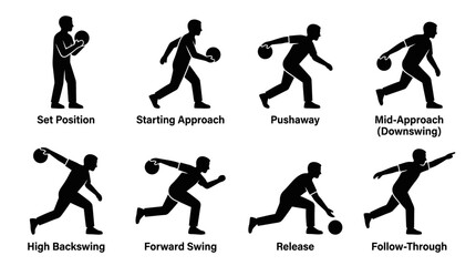 Obraz premium Cricket Player Vector Silhouette Icon Set Featuring Eight Action Poses Including Batting, Bowling, Catching, and Fielding for Sports Art, Training, and Graphic Design Use